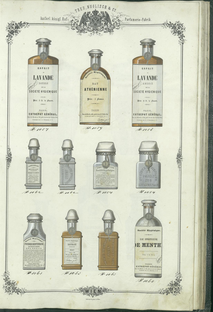 Musterbuch der Firma Treu, Nuglisch & Co [Fing.T.] : k.k. Hof-Parfümerie-Fabrik so wie auch Hoflieferanten Sr. Majestät des Königs von Preussen, Wien 1860.